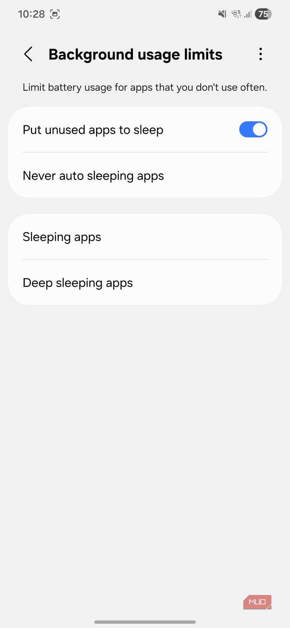 Sleeping apps settings menu on Samsung phone