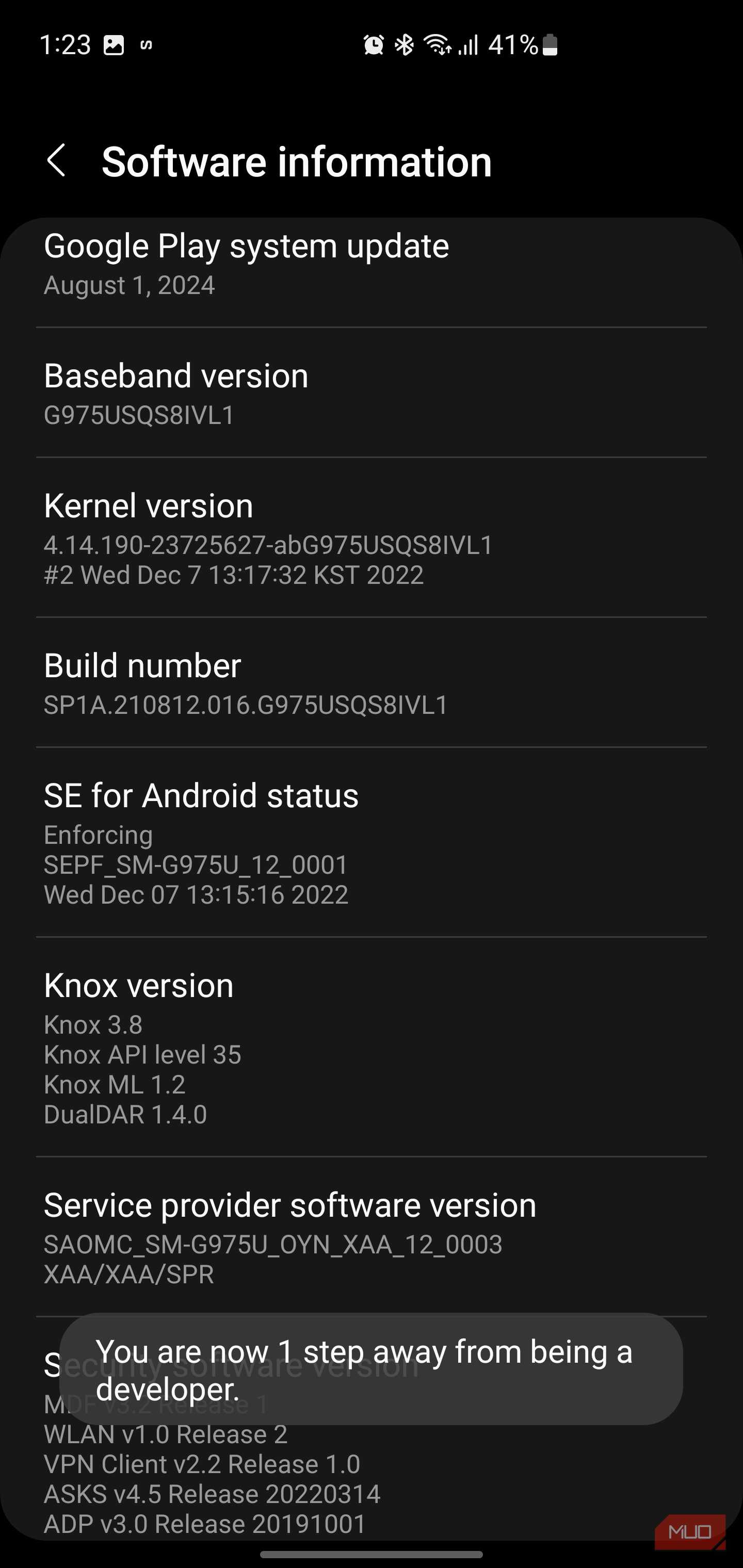 Software information screen showing a toast notification that the user is one step away from developer mode.