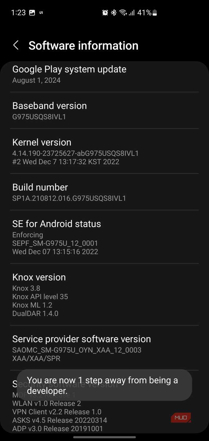 Software information screen showing a toast notification that the user is one step away from developer mode.