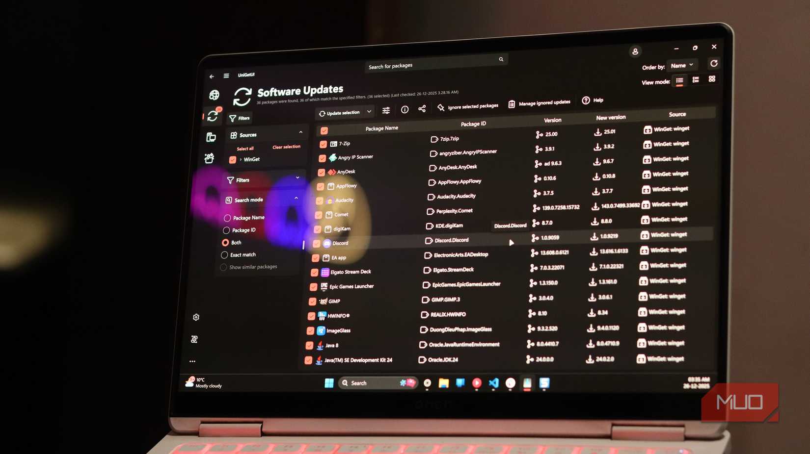Pantalla de actualización de software en UniGetUI.