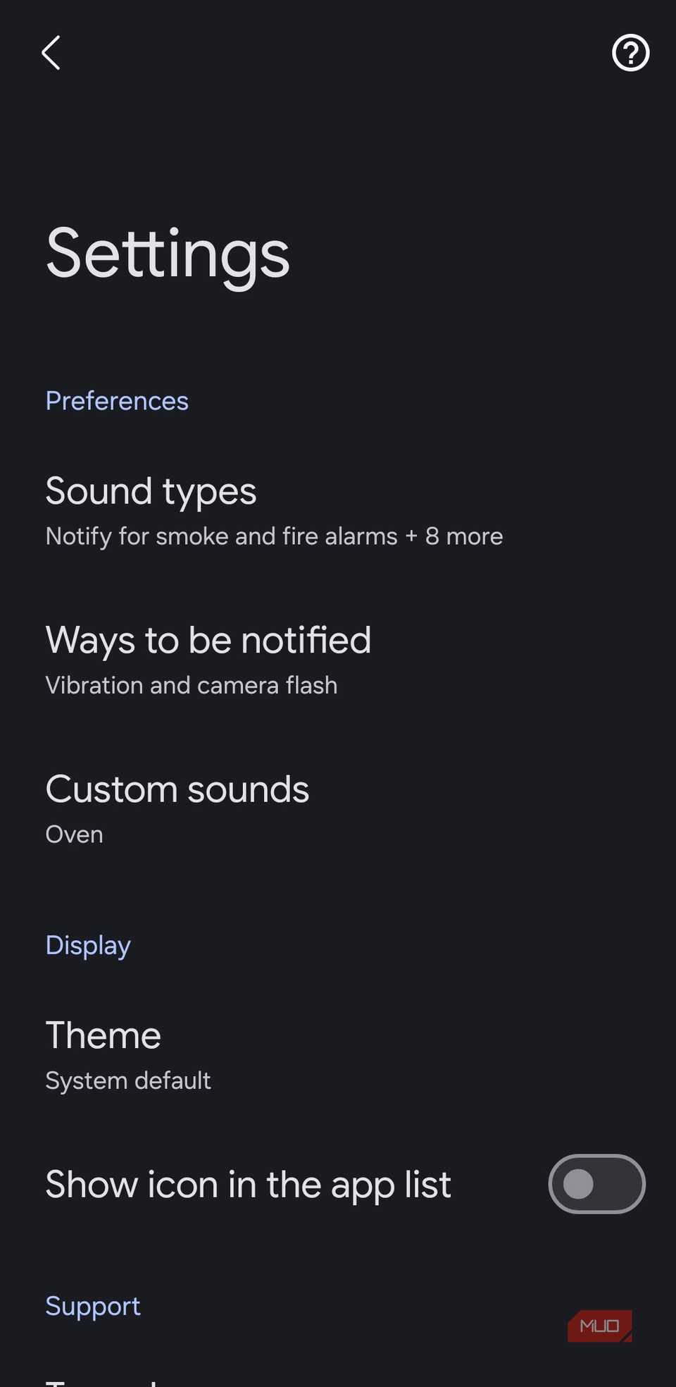 Sound notification settings menu