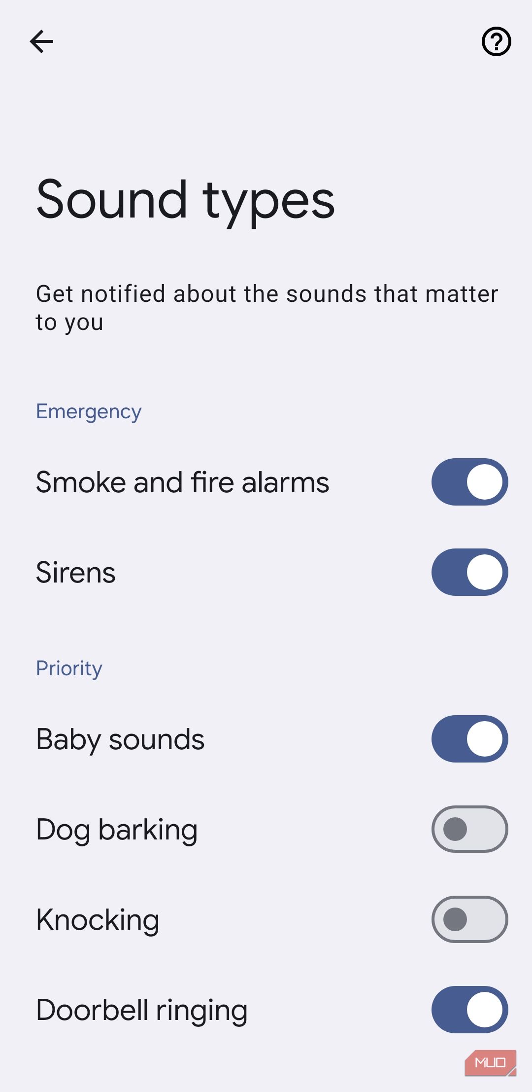 Sound types menu on Android phone