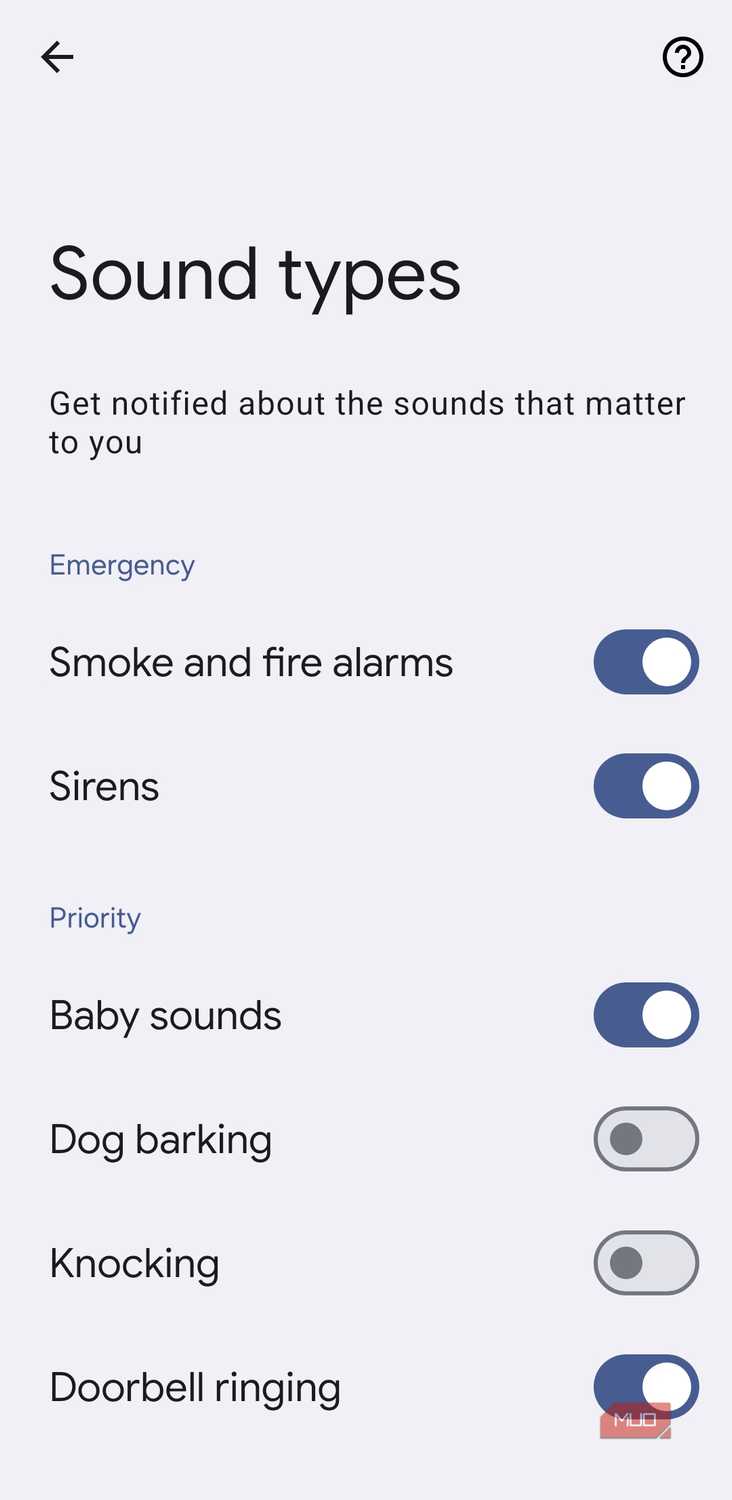 Sound types menu on Android phone