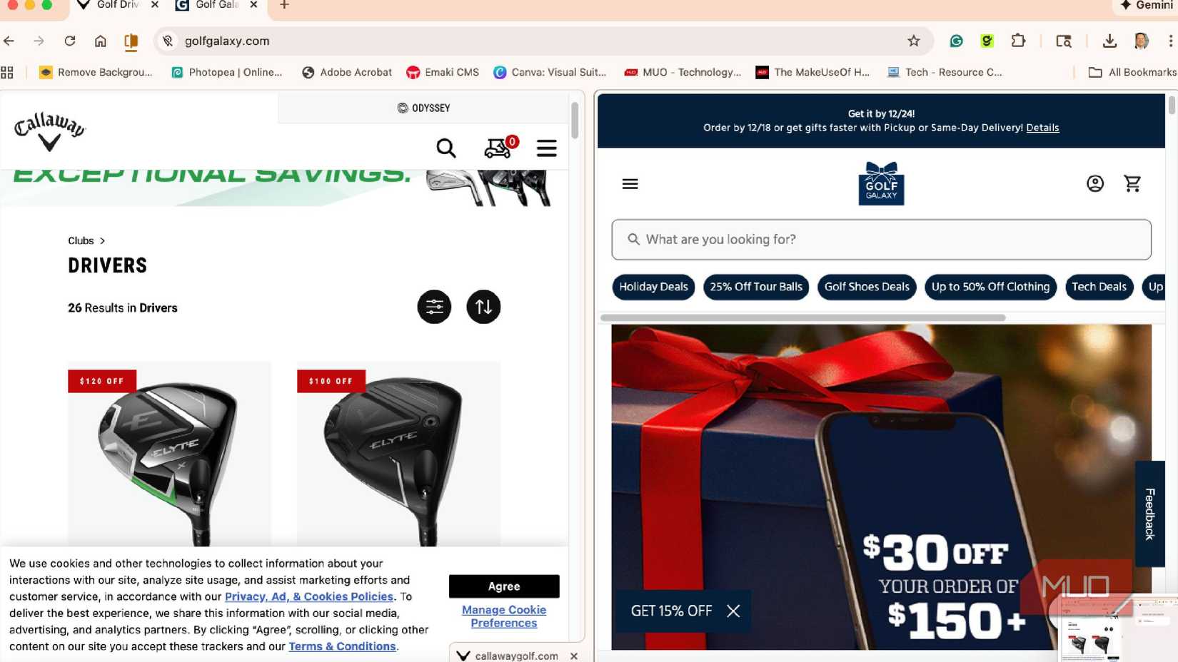 Comparing golf clubs on two sites in Google Chrome split view