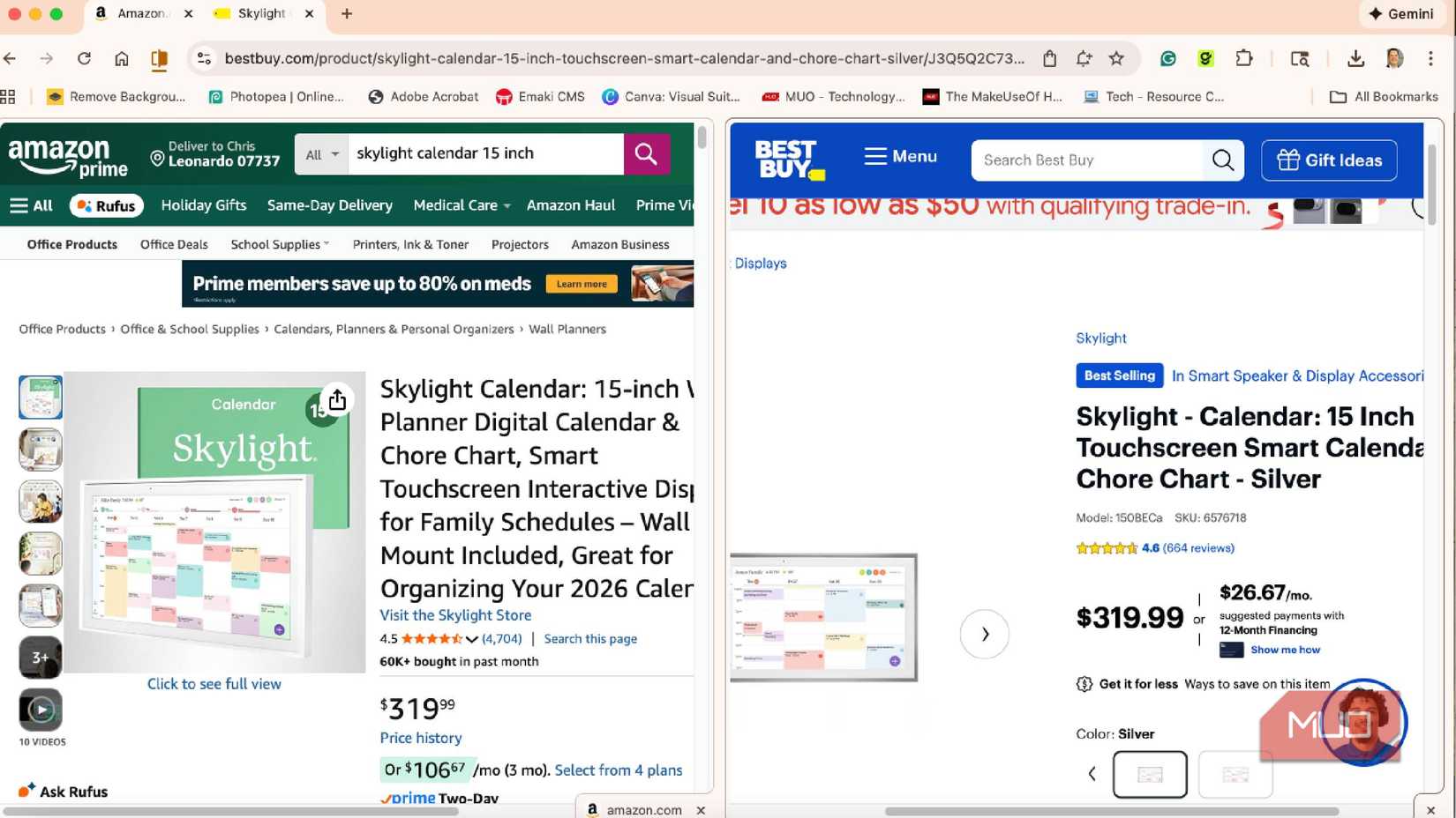 Comparing the same product on two stores in Google Chrome split view