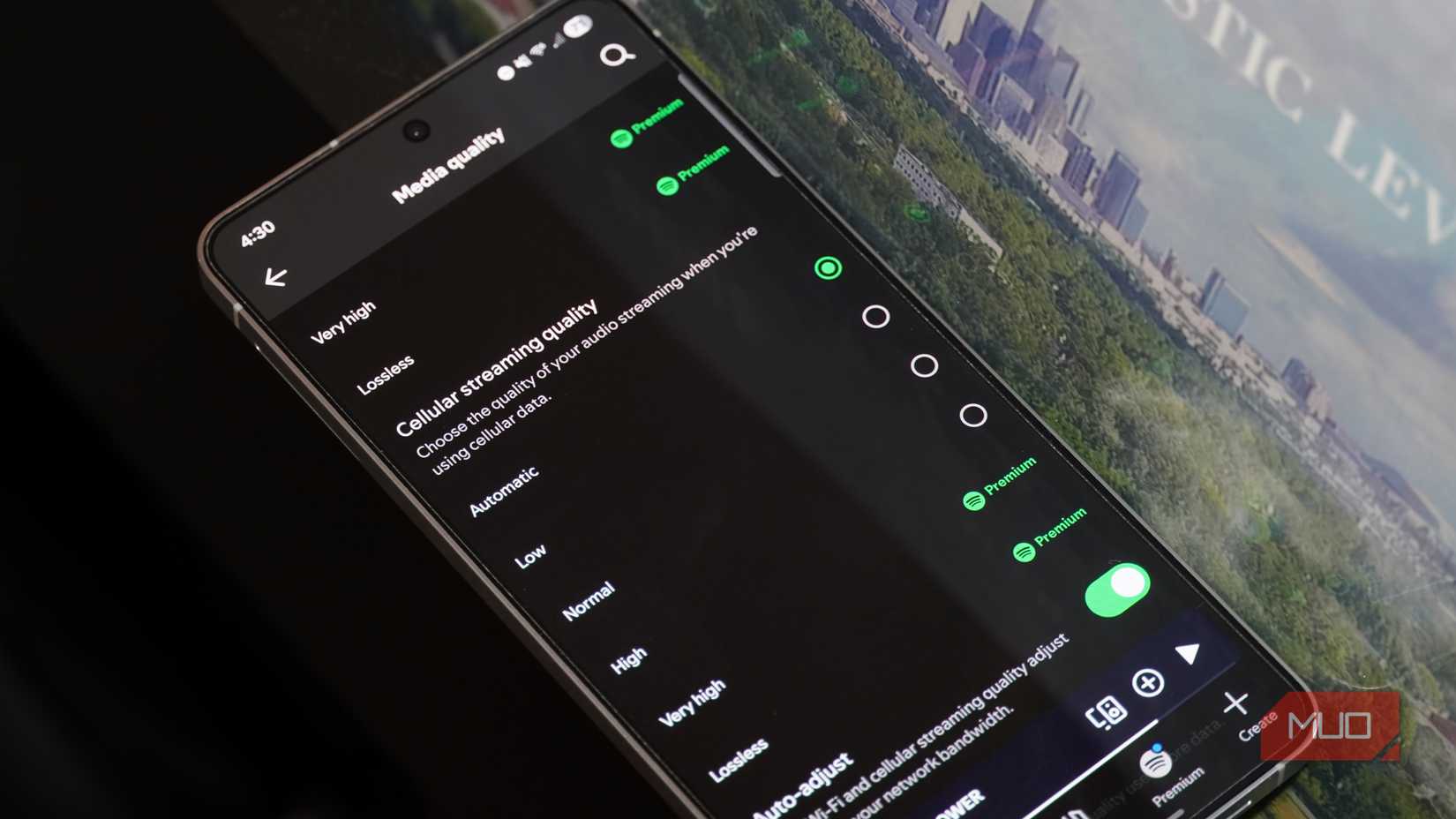 Spotify media quality settings on an Android phone.