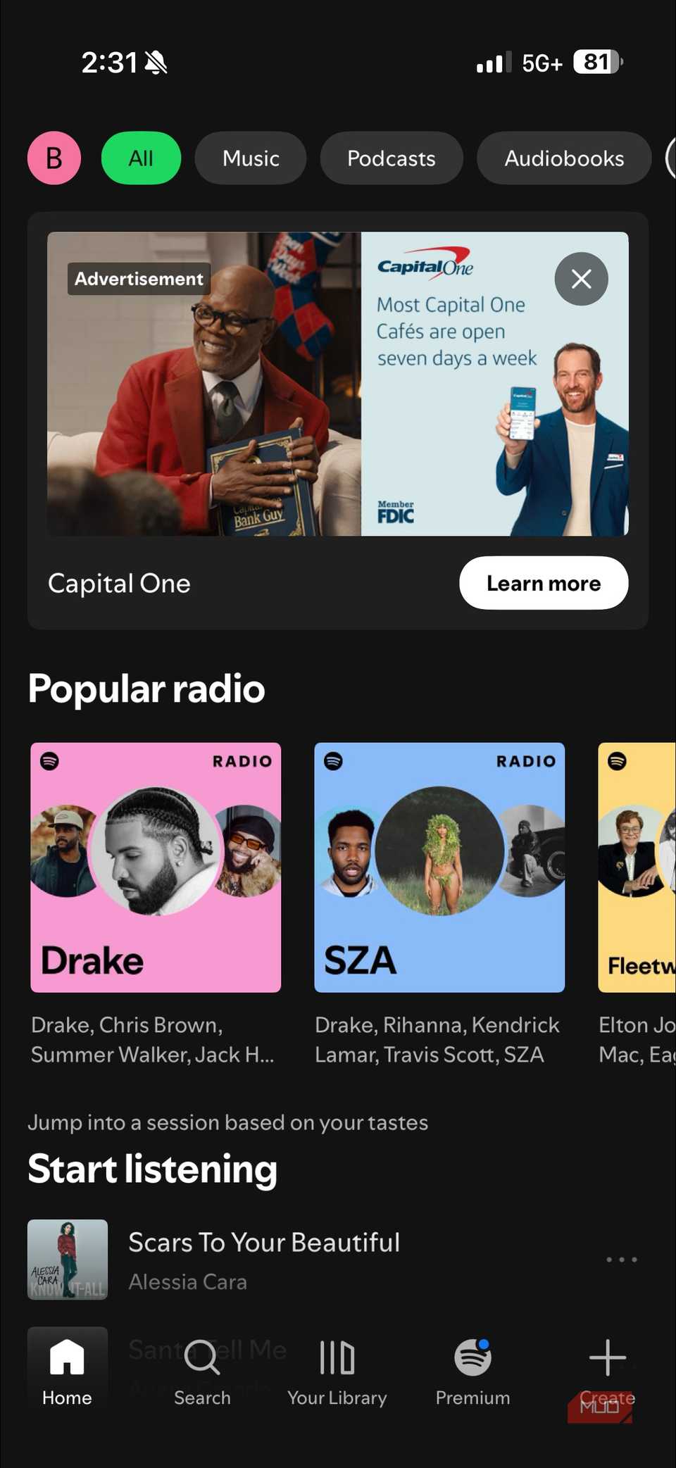 The Spotify homepage in the iOS app.