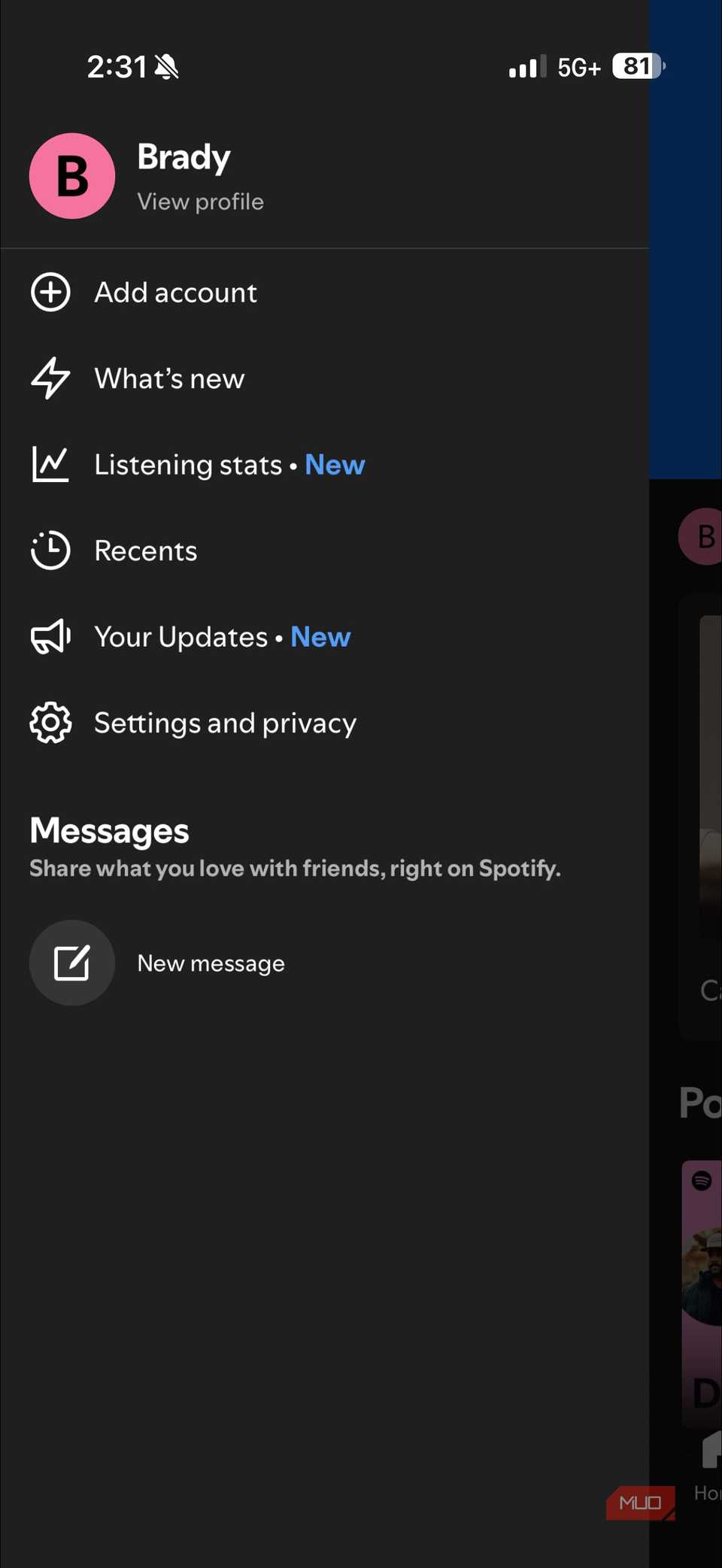 The Spotify hamburger menu in the iOS app.