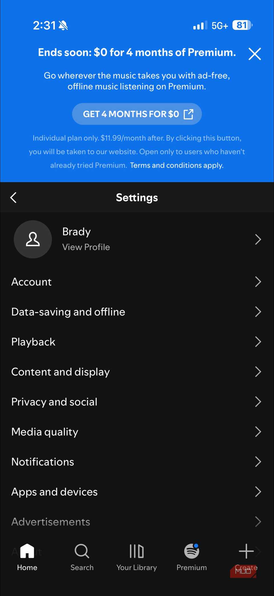 The Settings menu options in the Spotify app for iOS.