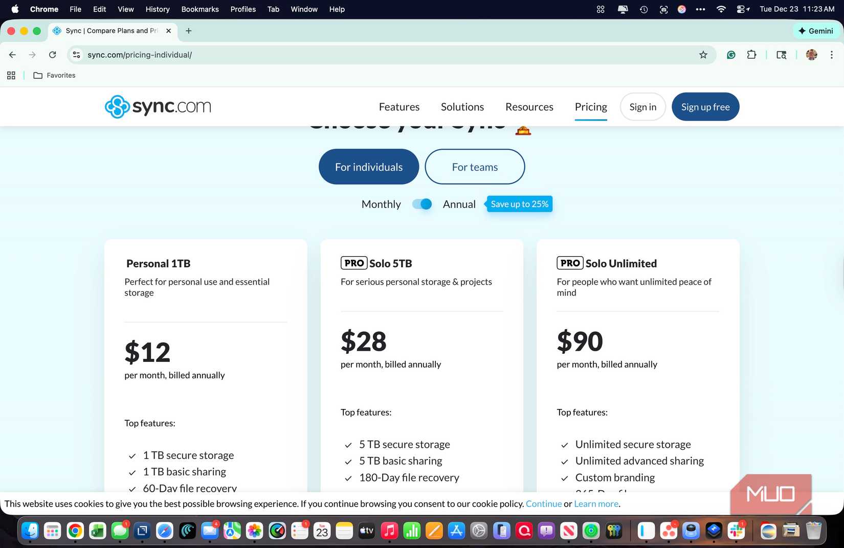 Screenshot showing Sync.com pricing in the US.