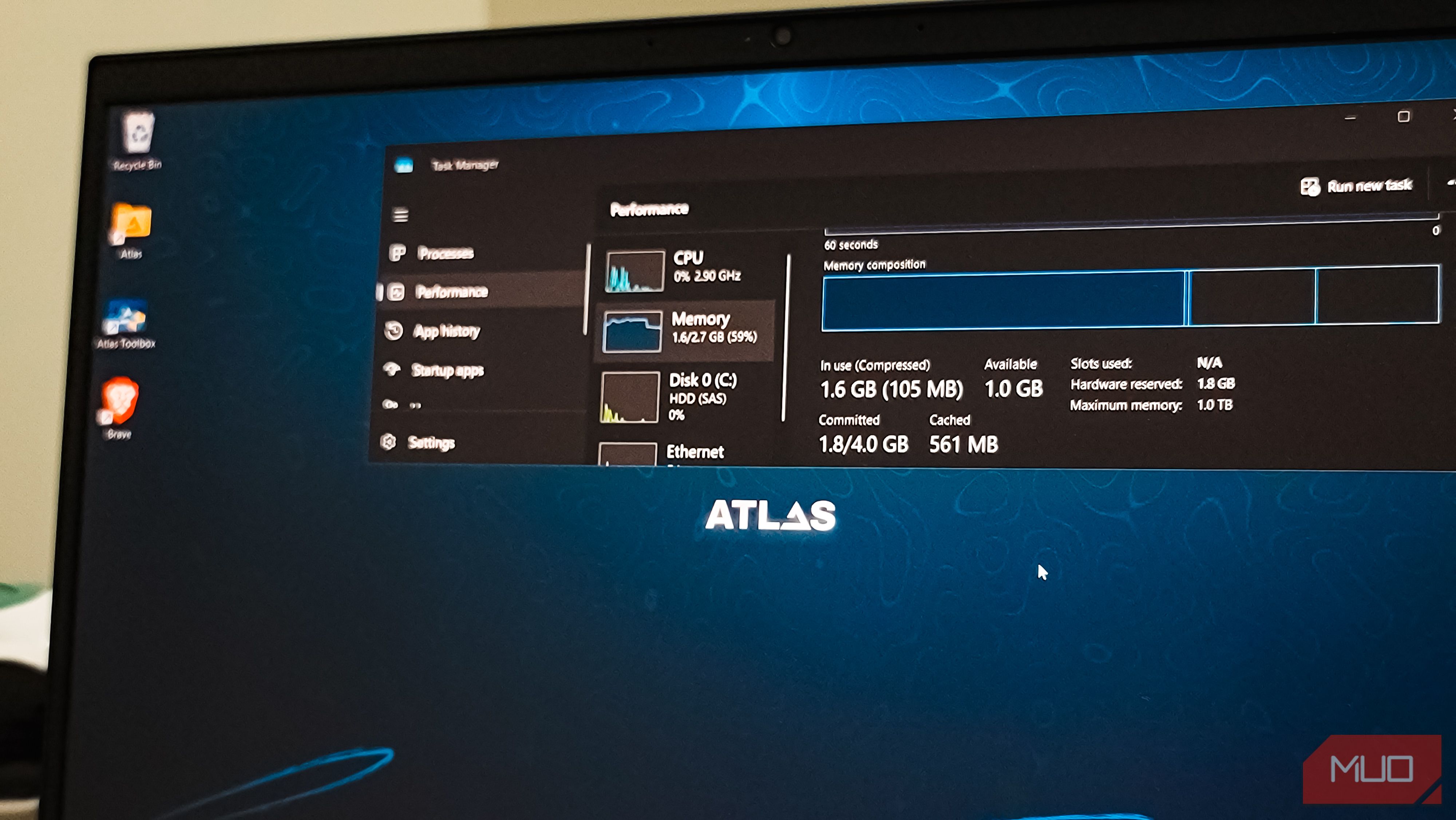 Task Manager open in Atlas OS on HP Laptop