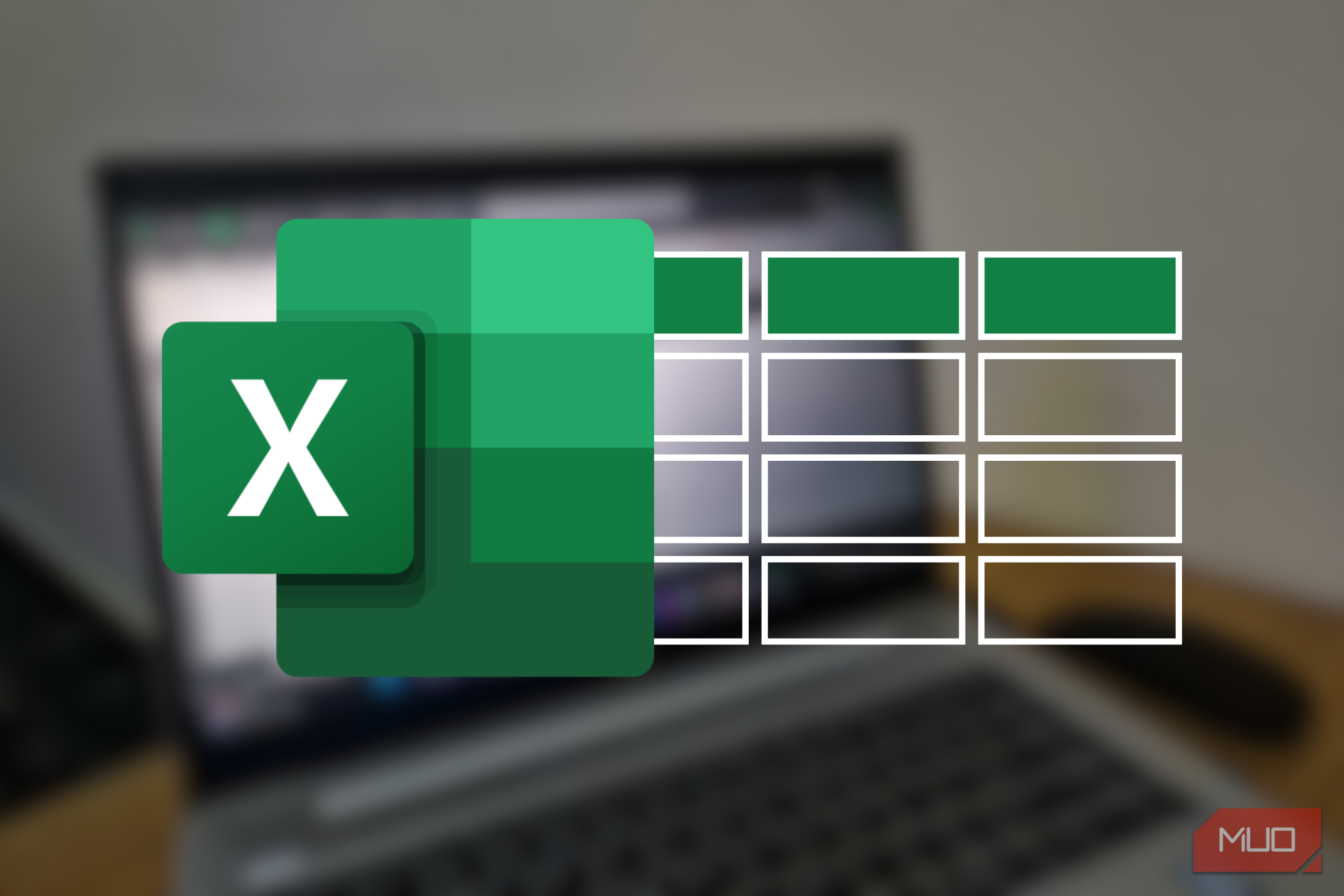 The Excel logo and a 4 by 3 transparent table on a blurred laptop background.