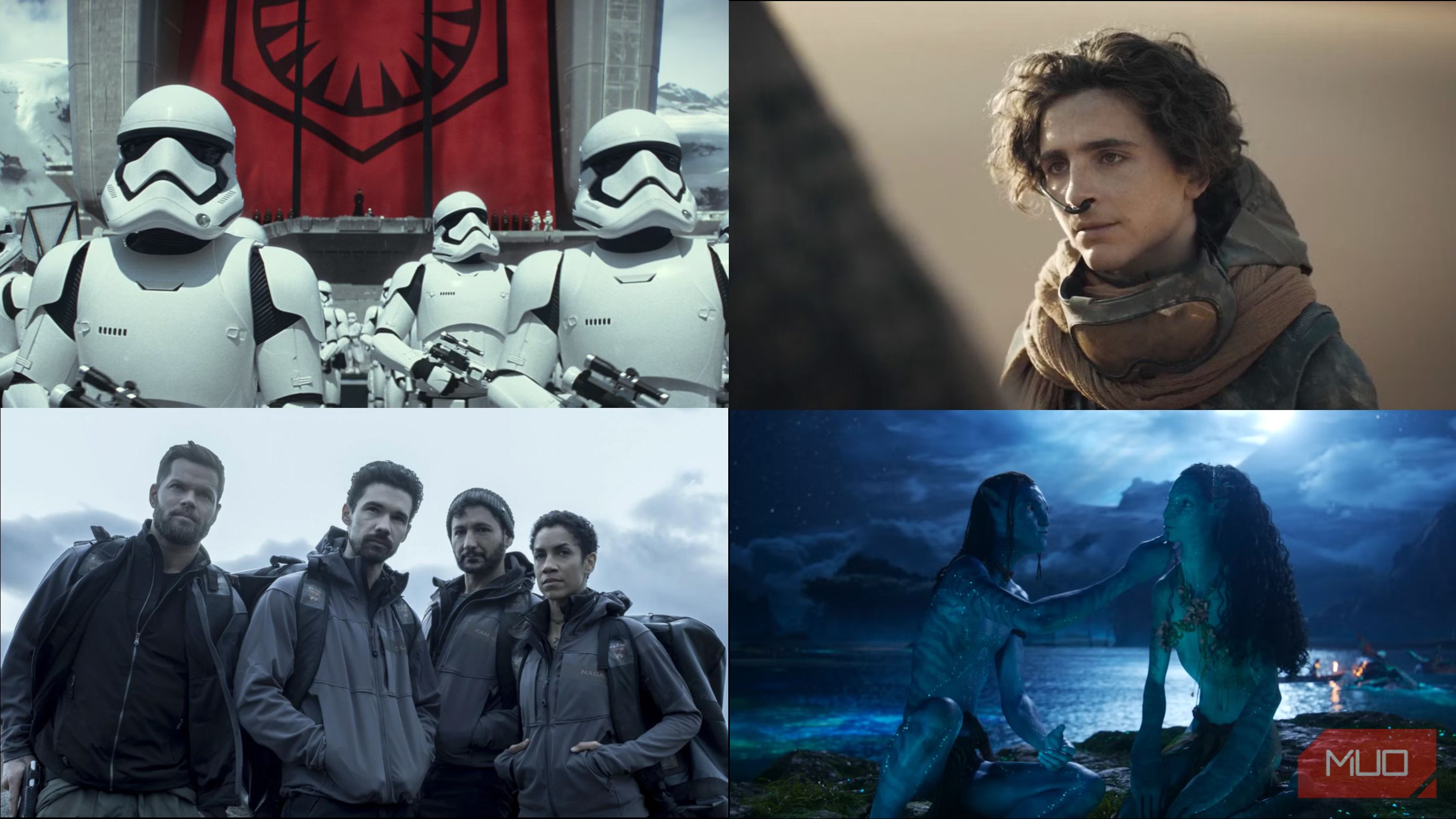 A collage of images from The Expanse, Dune, Avatar, and Star Wars
