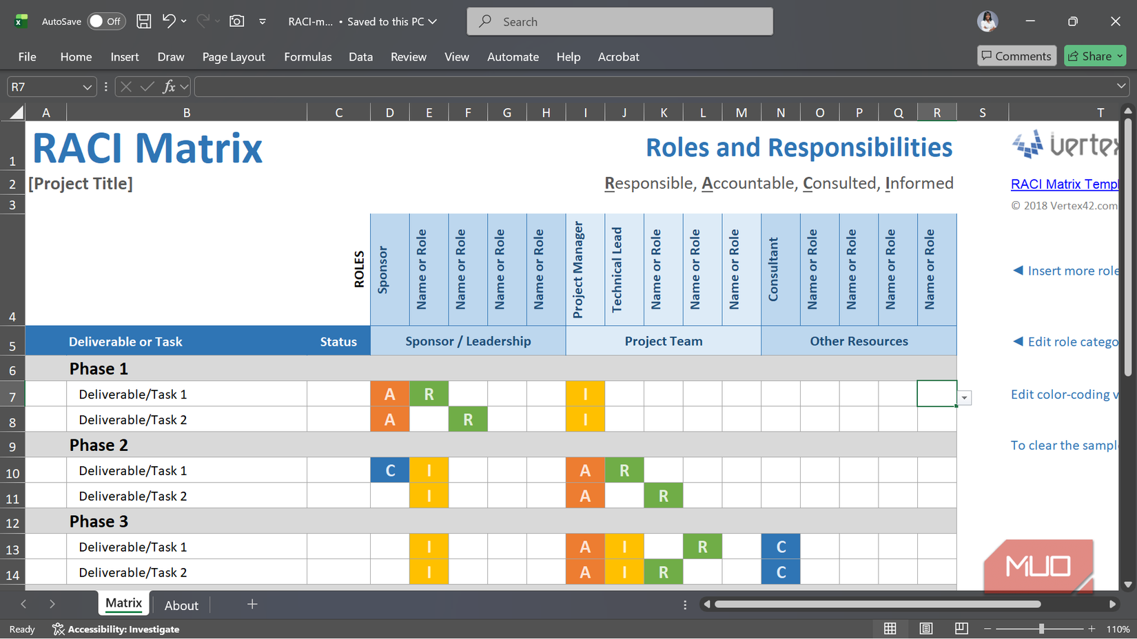 The RACI Matrix template for Excel.