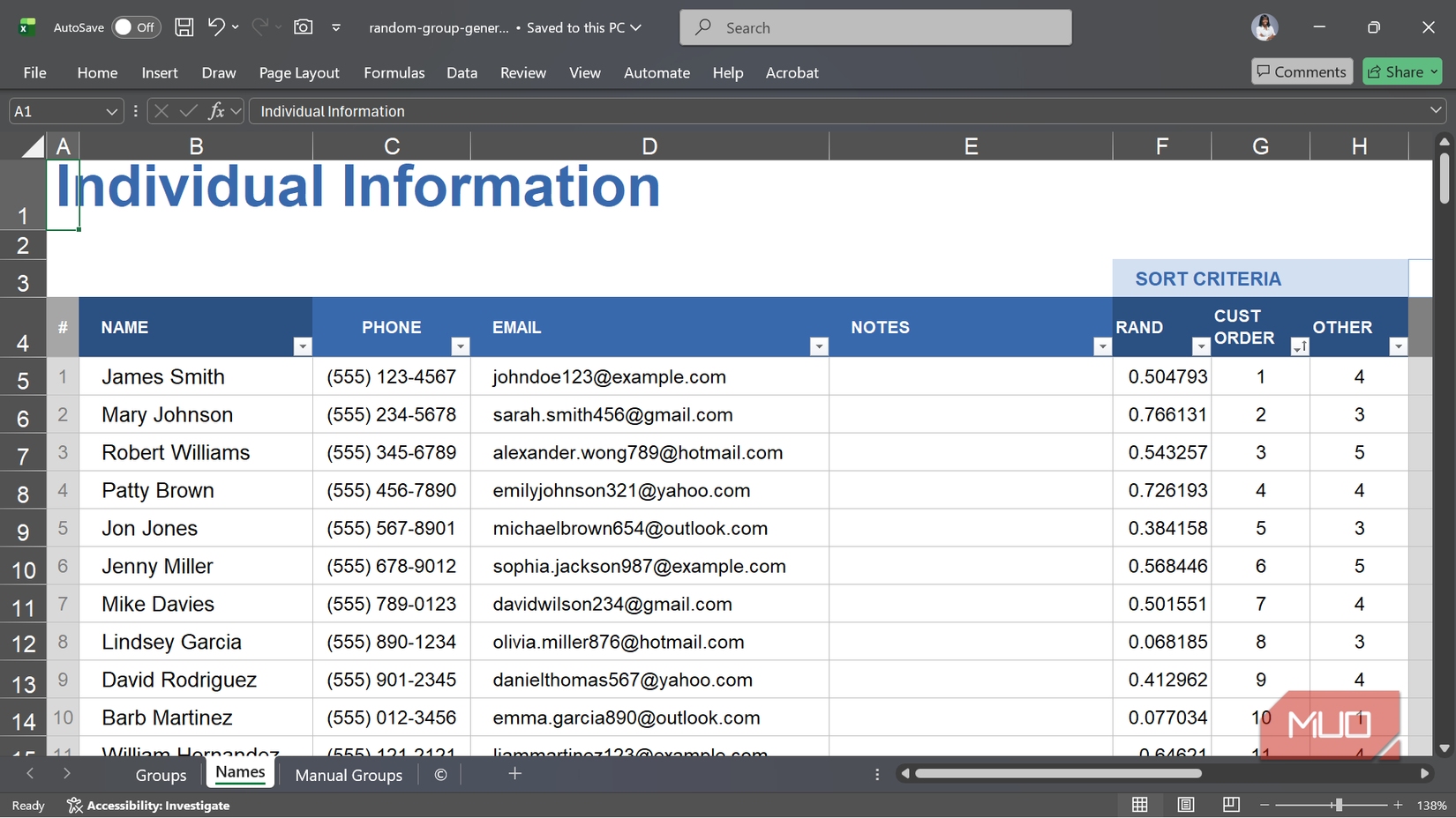 La plantilla del generador de grupos aleatorios para la hoja 1 de nombres de Excel.