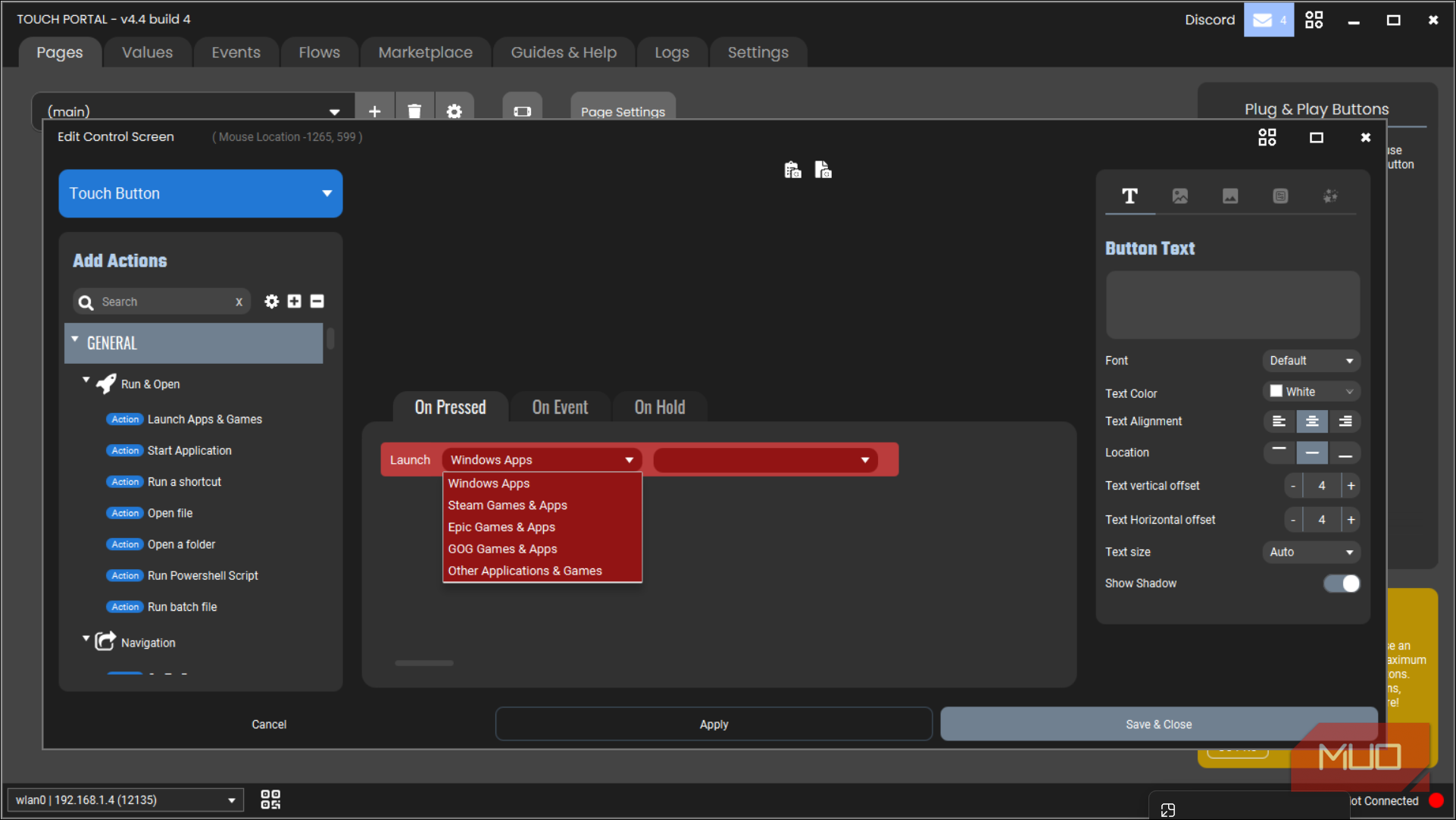 Touch Portal Editor Control Screen Launch apps and games option selected 1