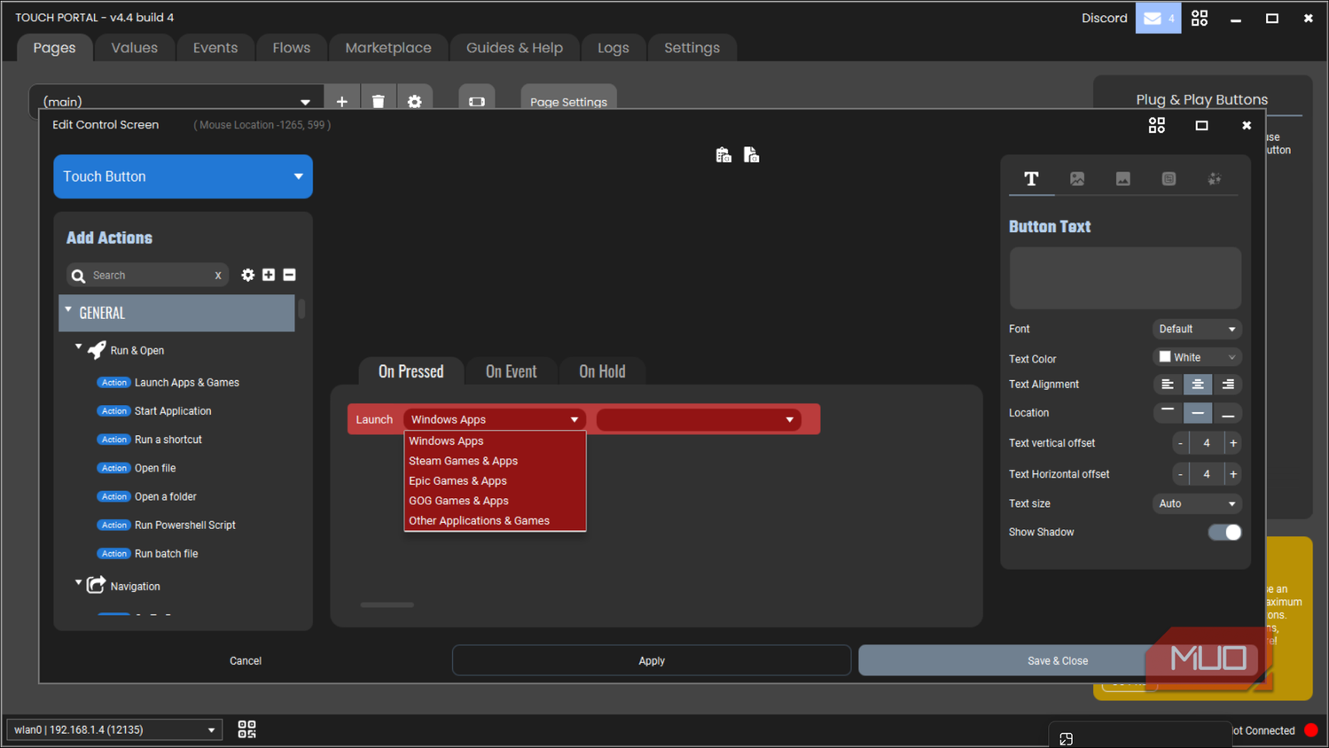 Touch Portal Editor Control Screen Launch apps and games option selected 1