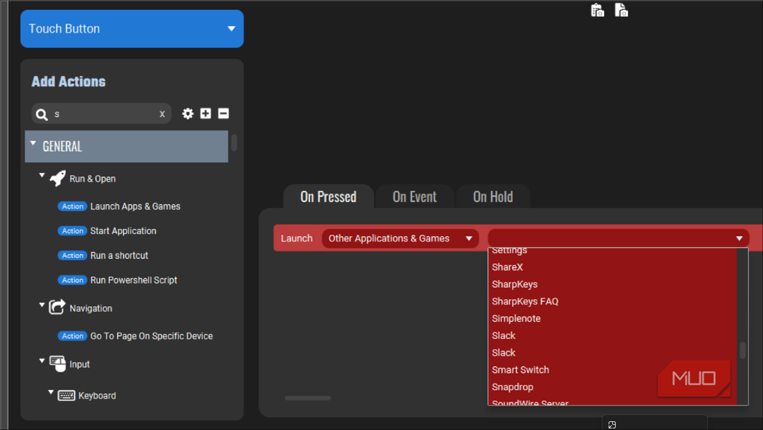 Touch Portal Editor Control Screen Launch apps and games option selected 2