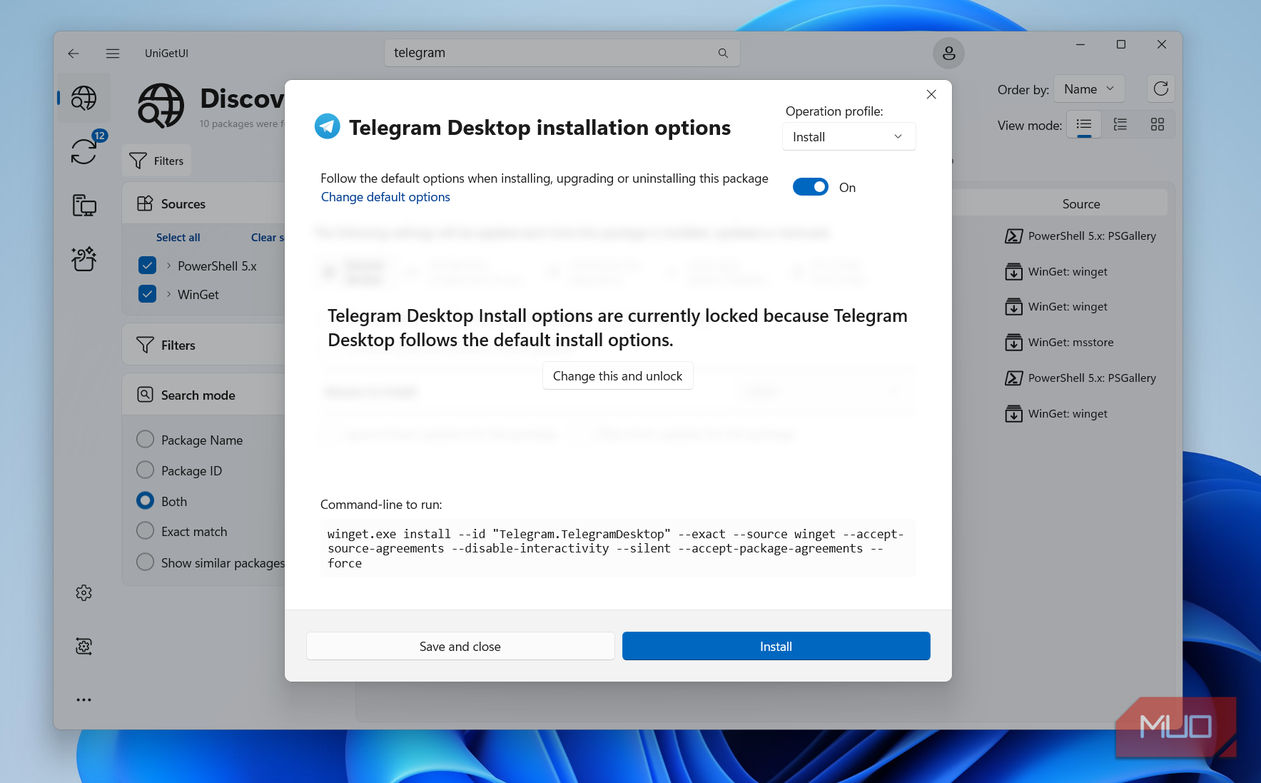 UniGetUI install options