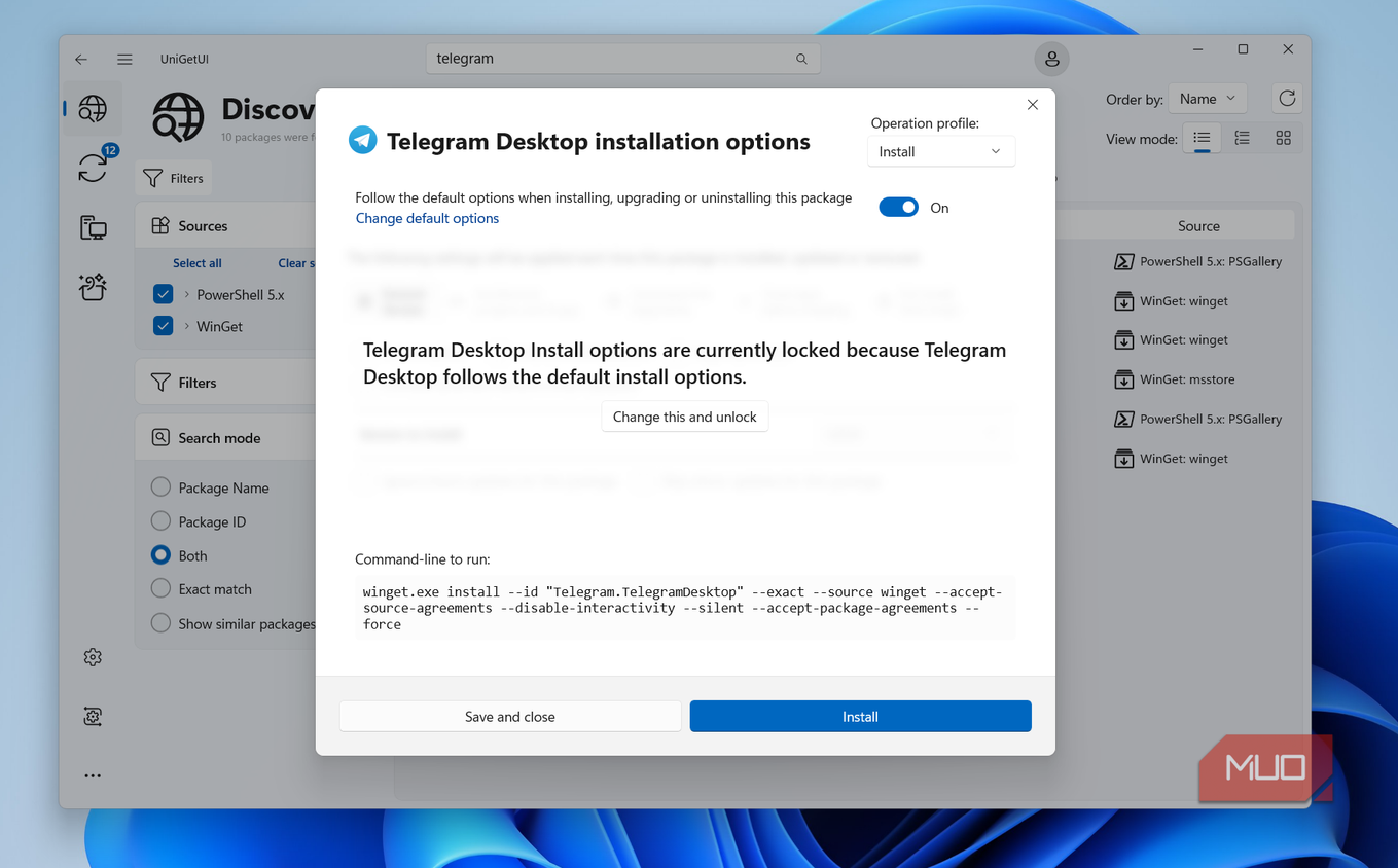 UniGetUI install options