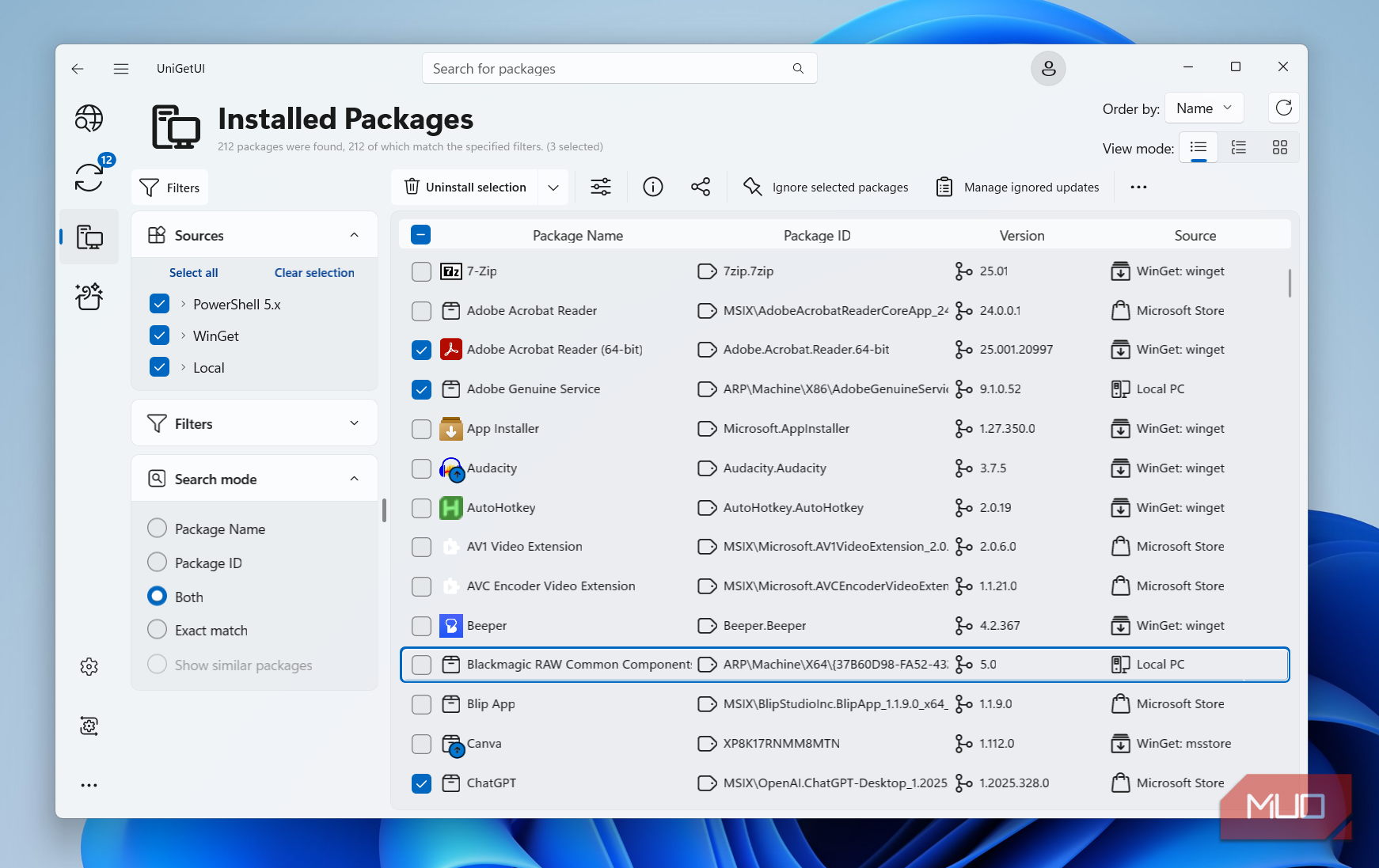 UniGetUI uninstall menu