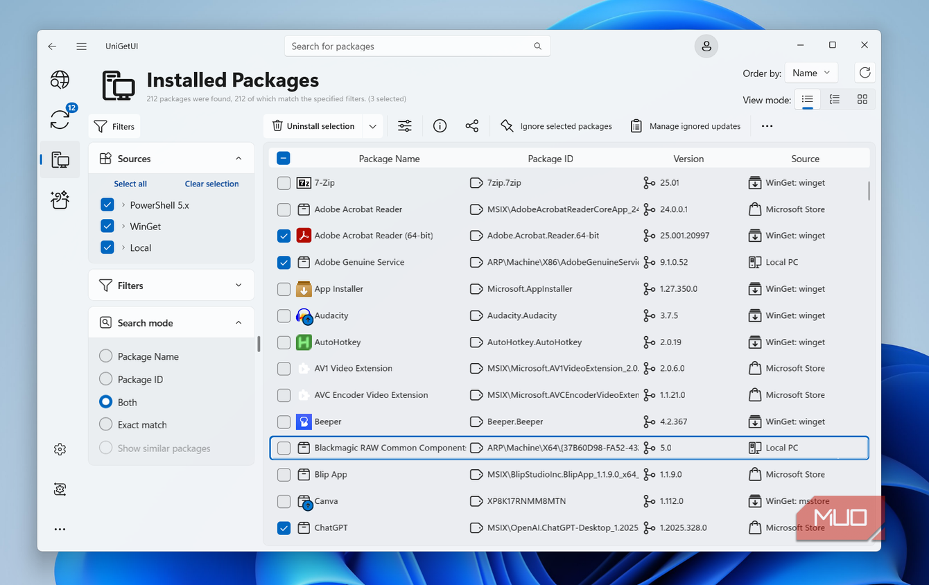UniGetUI uninstall menu