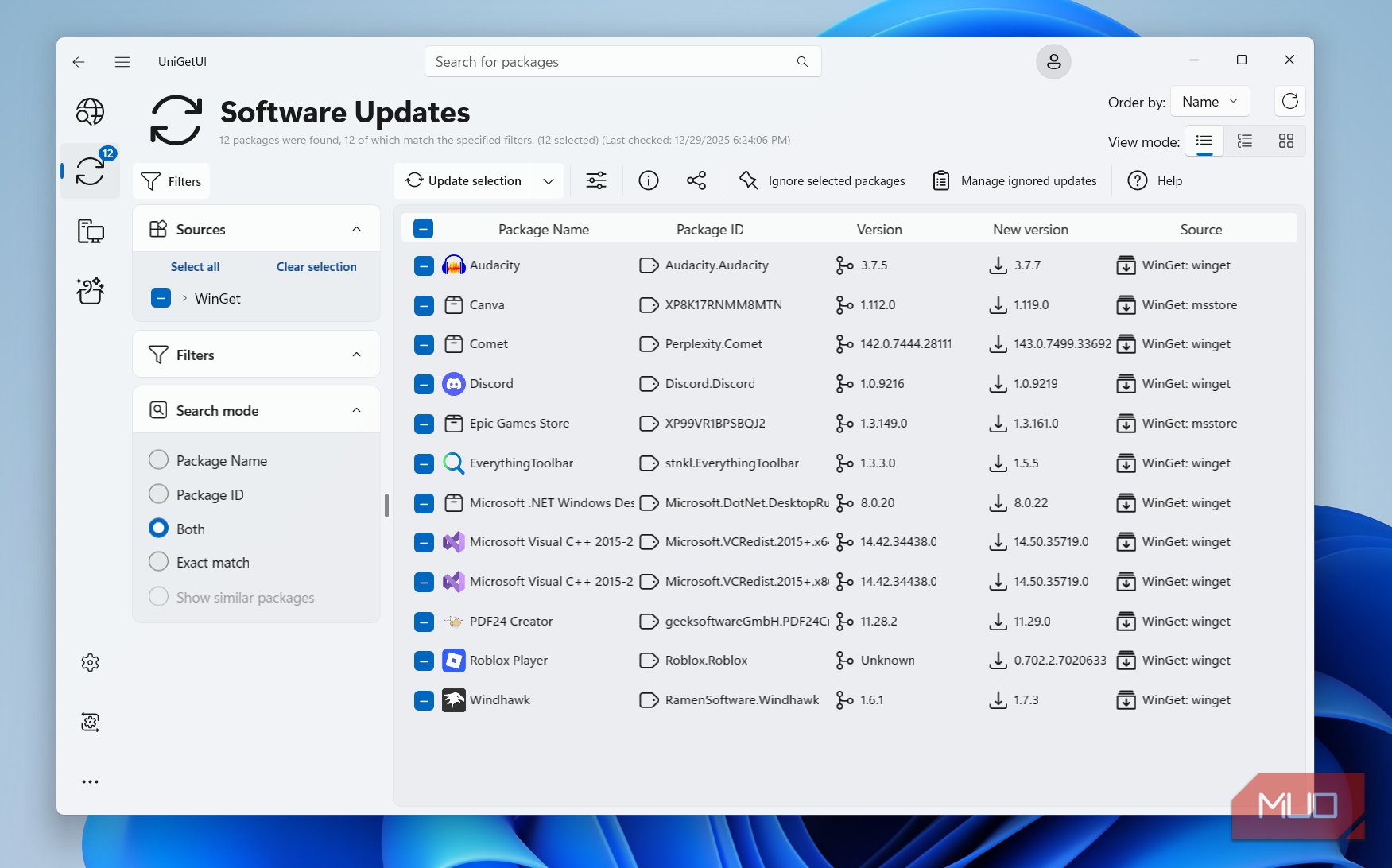UniGetUI update menu