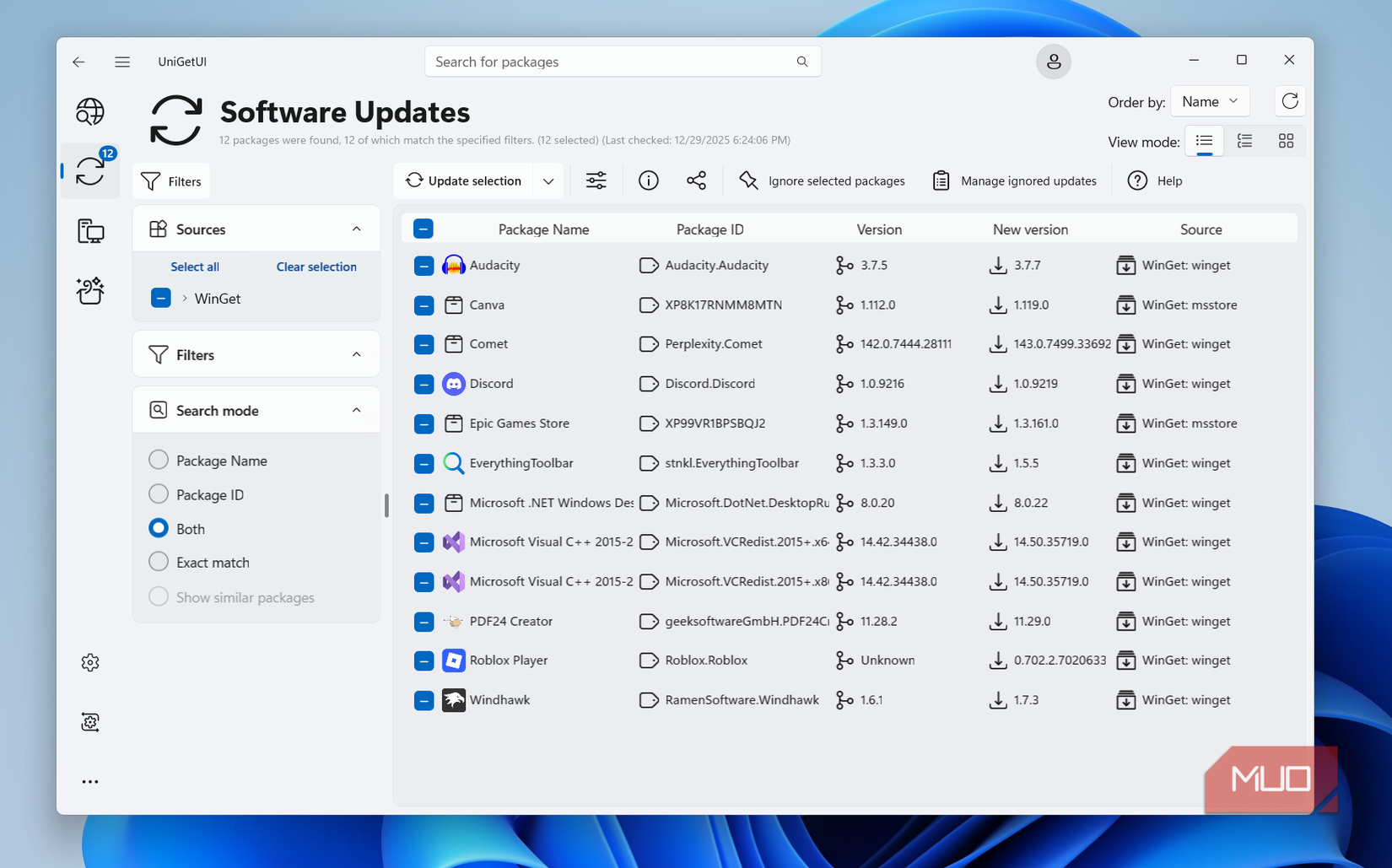 UniGetUI update menu