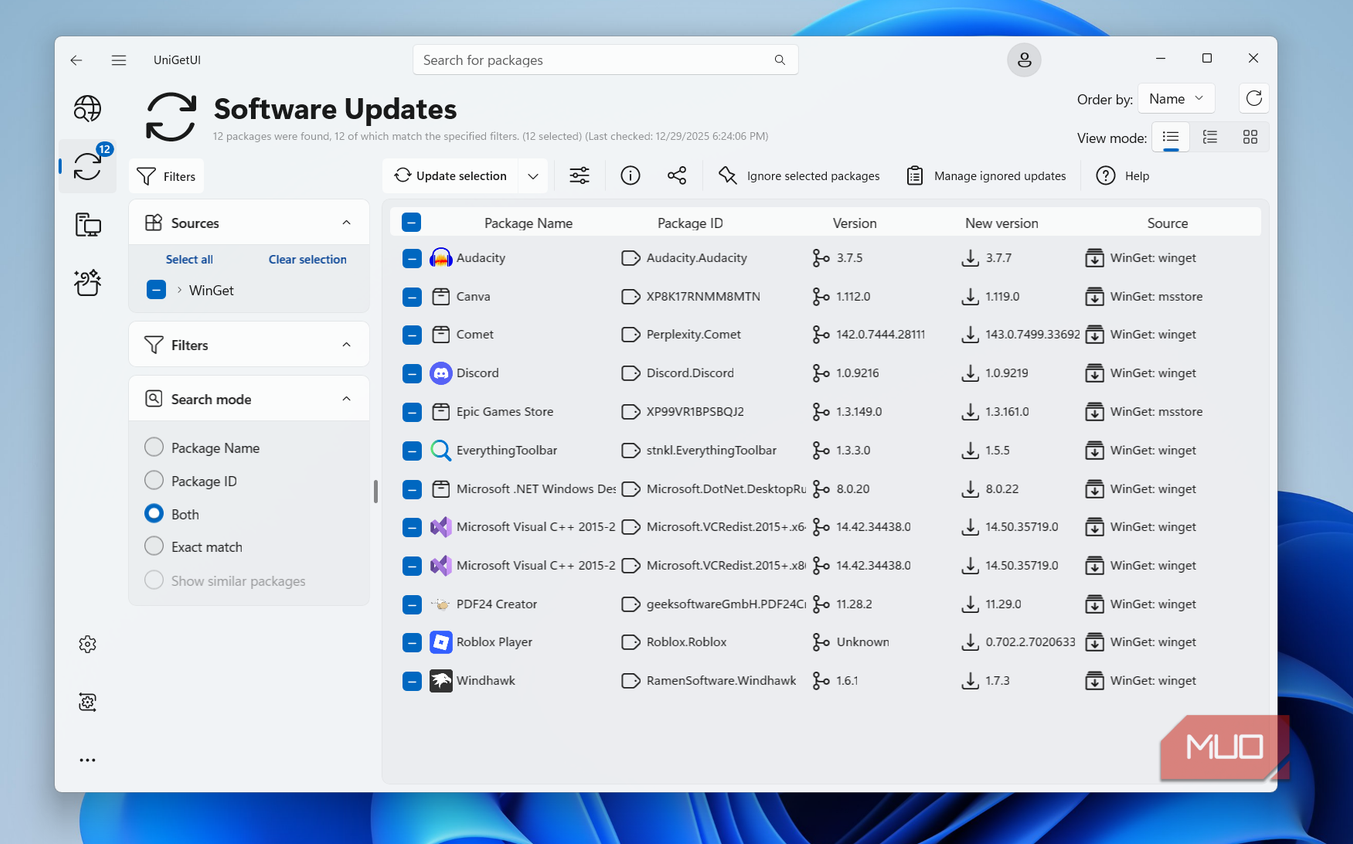 UniGetUI update menu