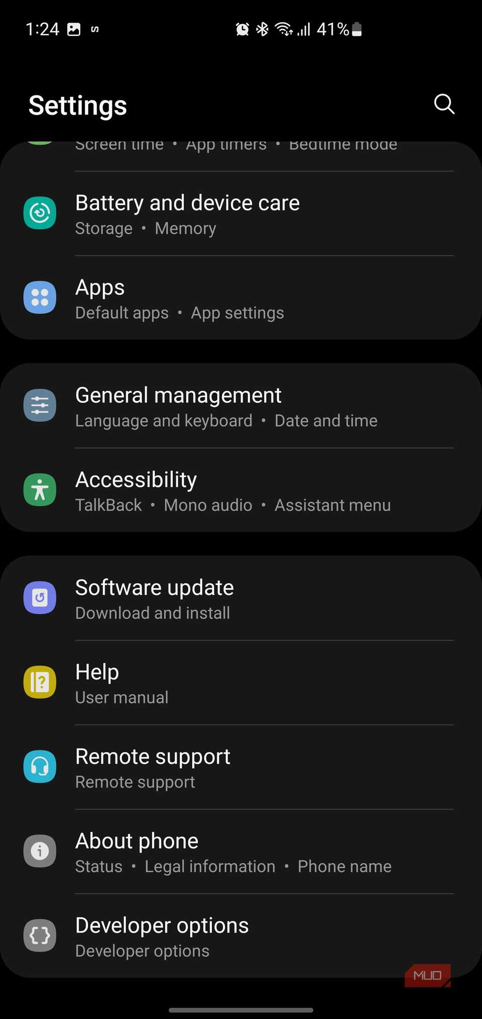 منوی تنظیمات اندروید بهروز شده که گزینههای توسعهدهنده فعال شده جدید را در پایین نمایش میدهد