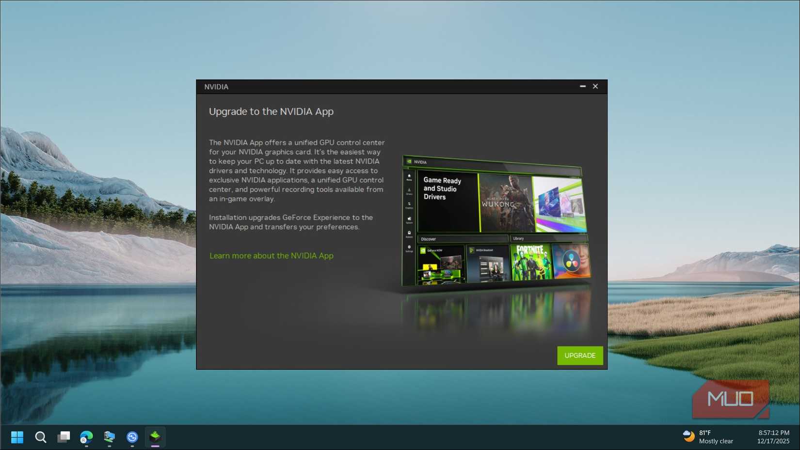 Upgrade to Nvidia App dialog open on Windows 11 desktop