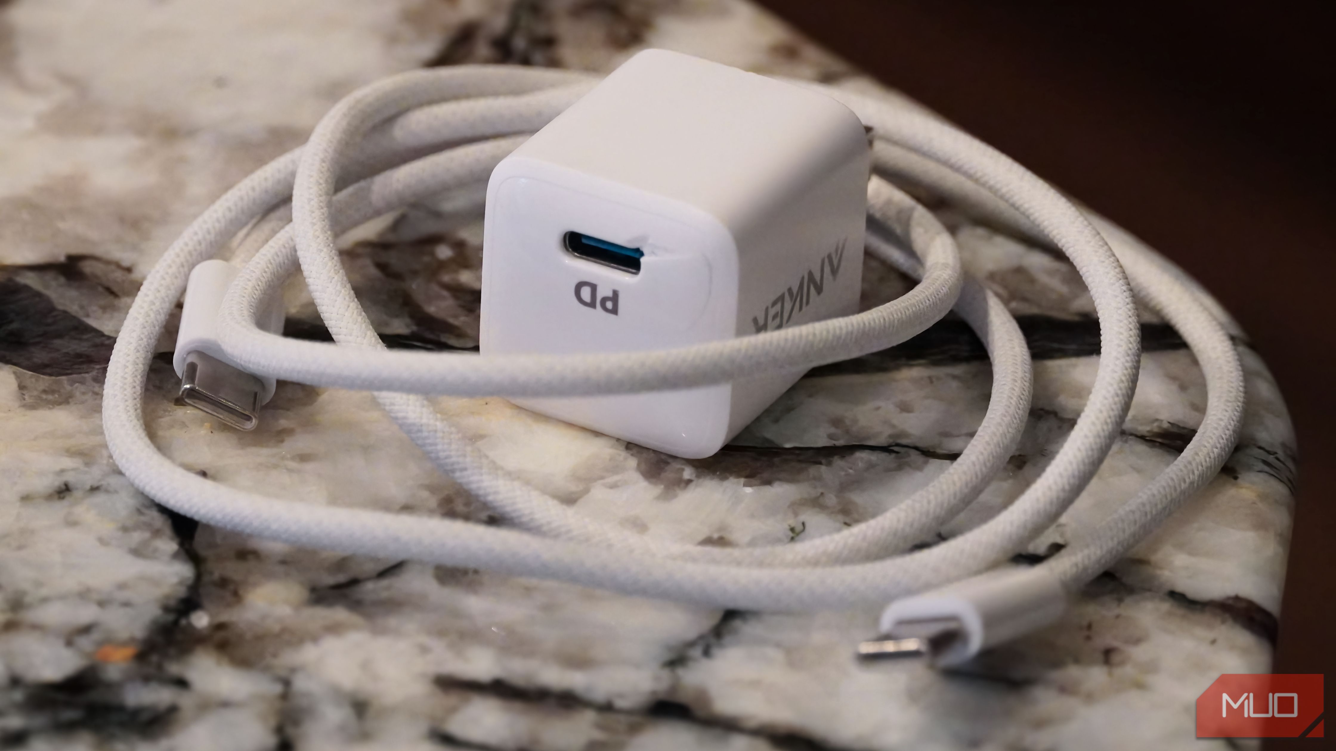 A USB-C cable with a power adapter.