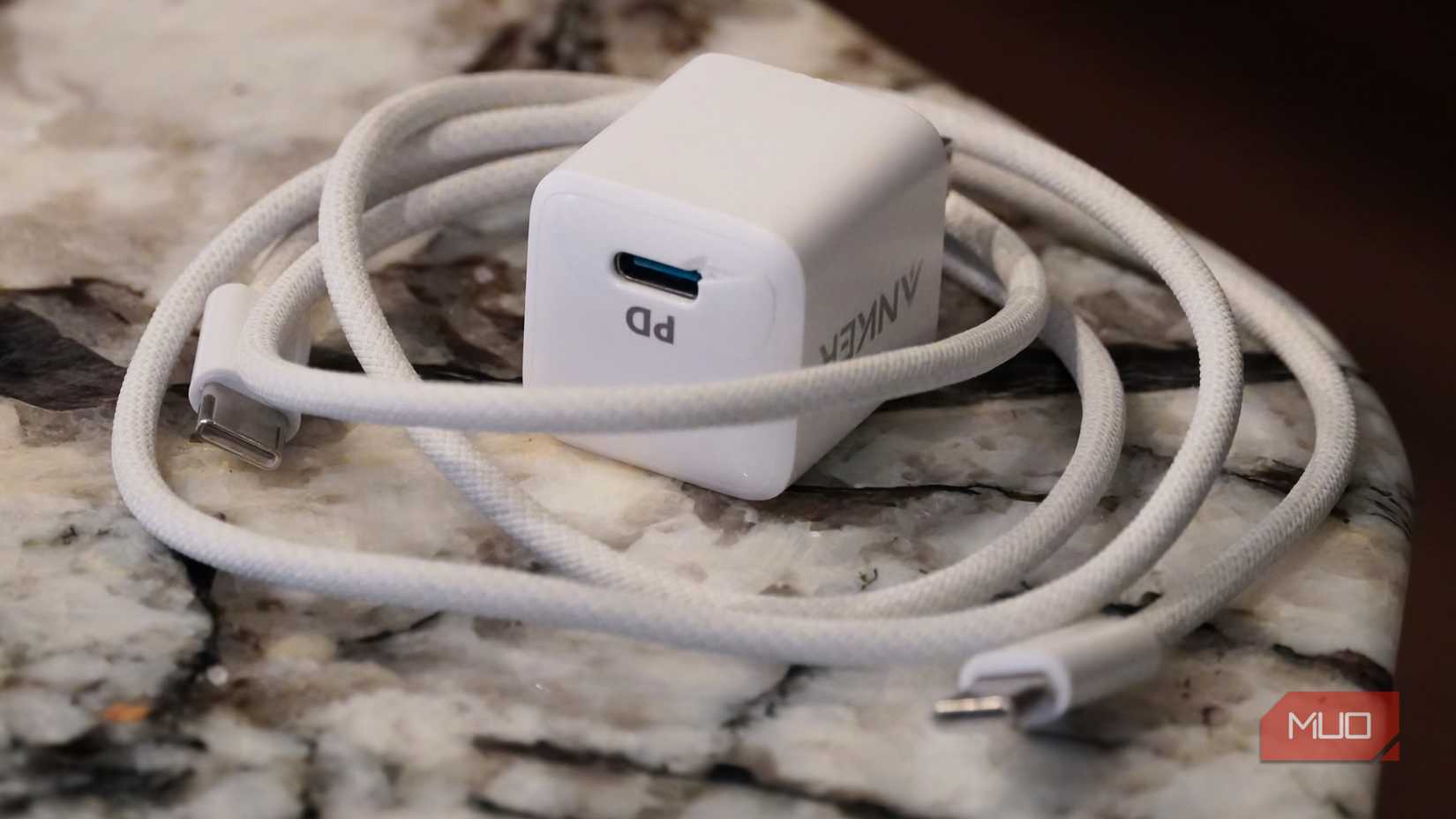 A USB-C cable with a power adapter.