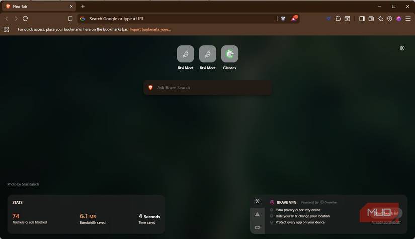Uso del navegador Brave con sus funciones avanzadas de privacidad