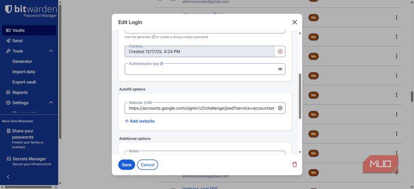 Vewing passkey on Bitwarden