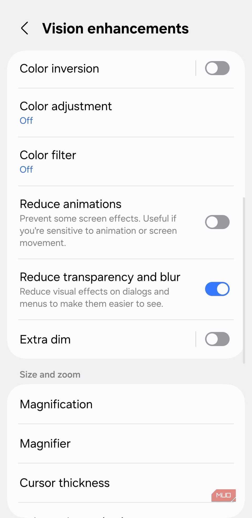 Vision enhancement menu on Android phone