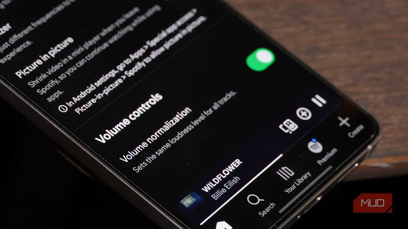 Volume normalization toggle on the Spotify app.