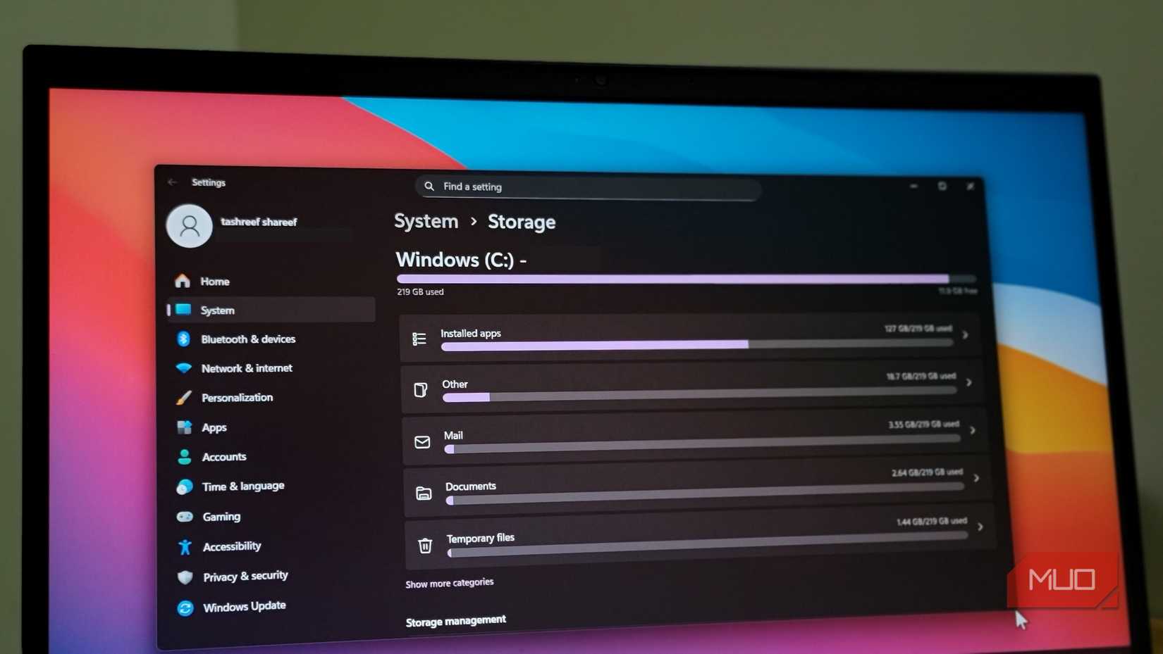 Windows 11 Storage sense option open on a HP Laptop