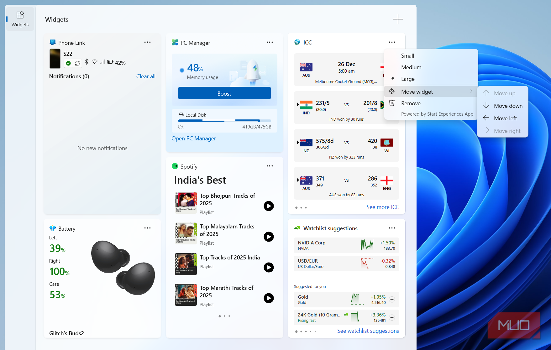 Windows 11 Widgets panel editing options