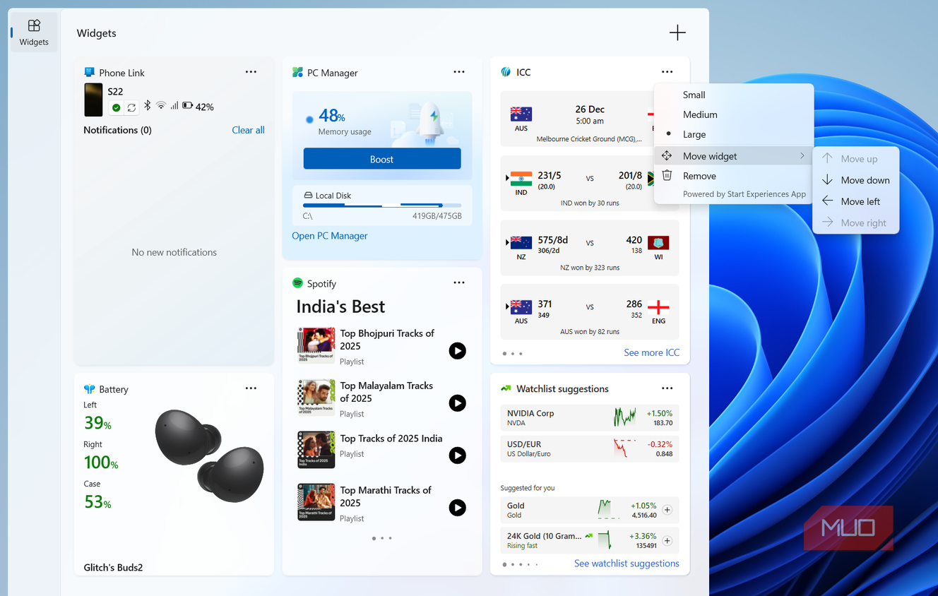 Windows 11 Widgets panel editing options
