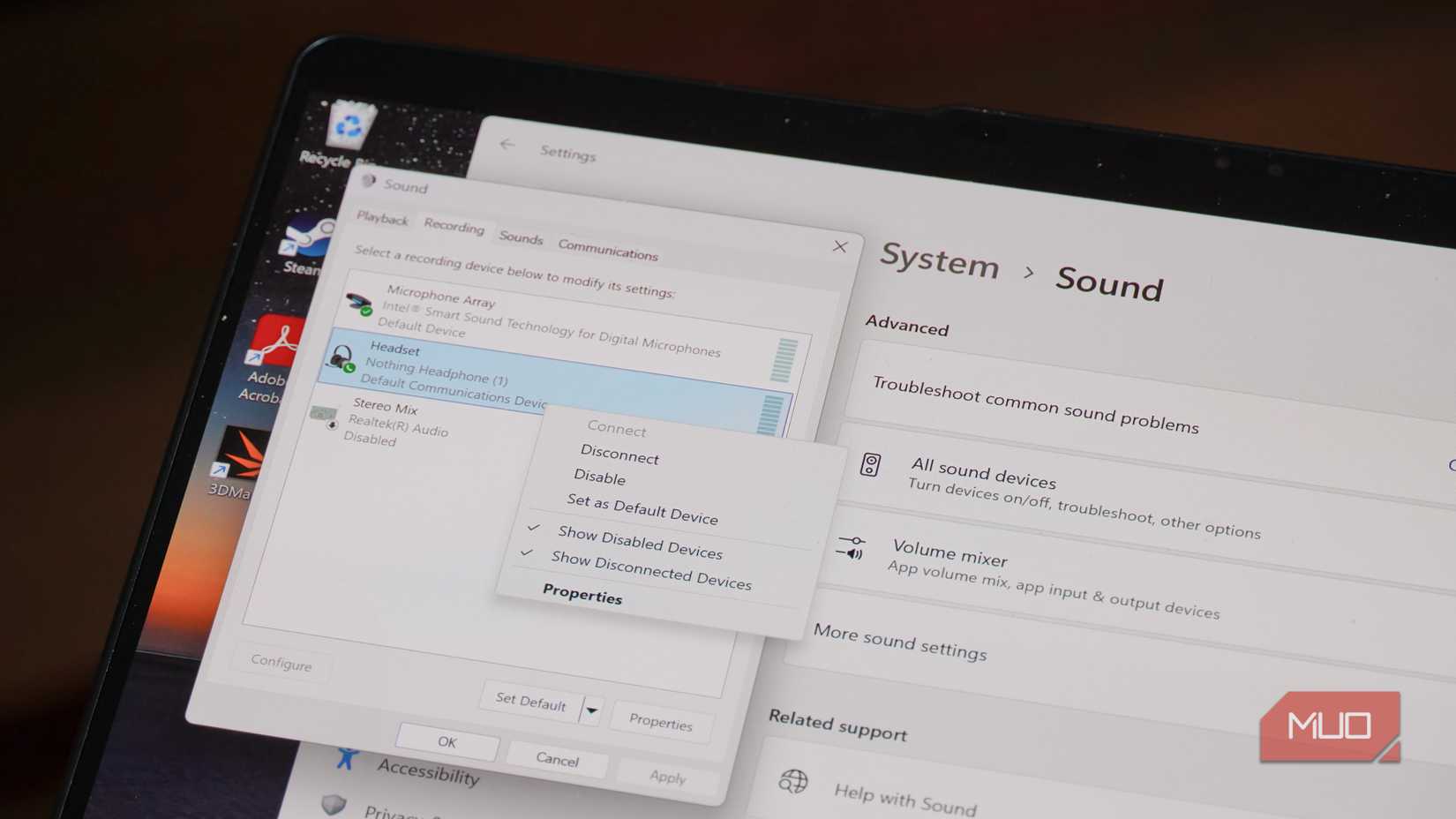 The option for disabling a recording device in Windows 11.