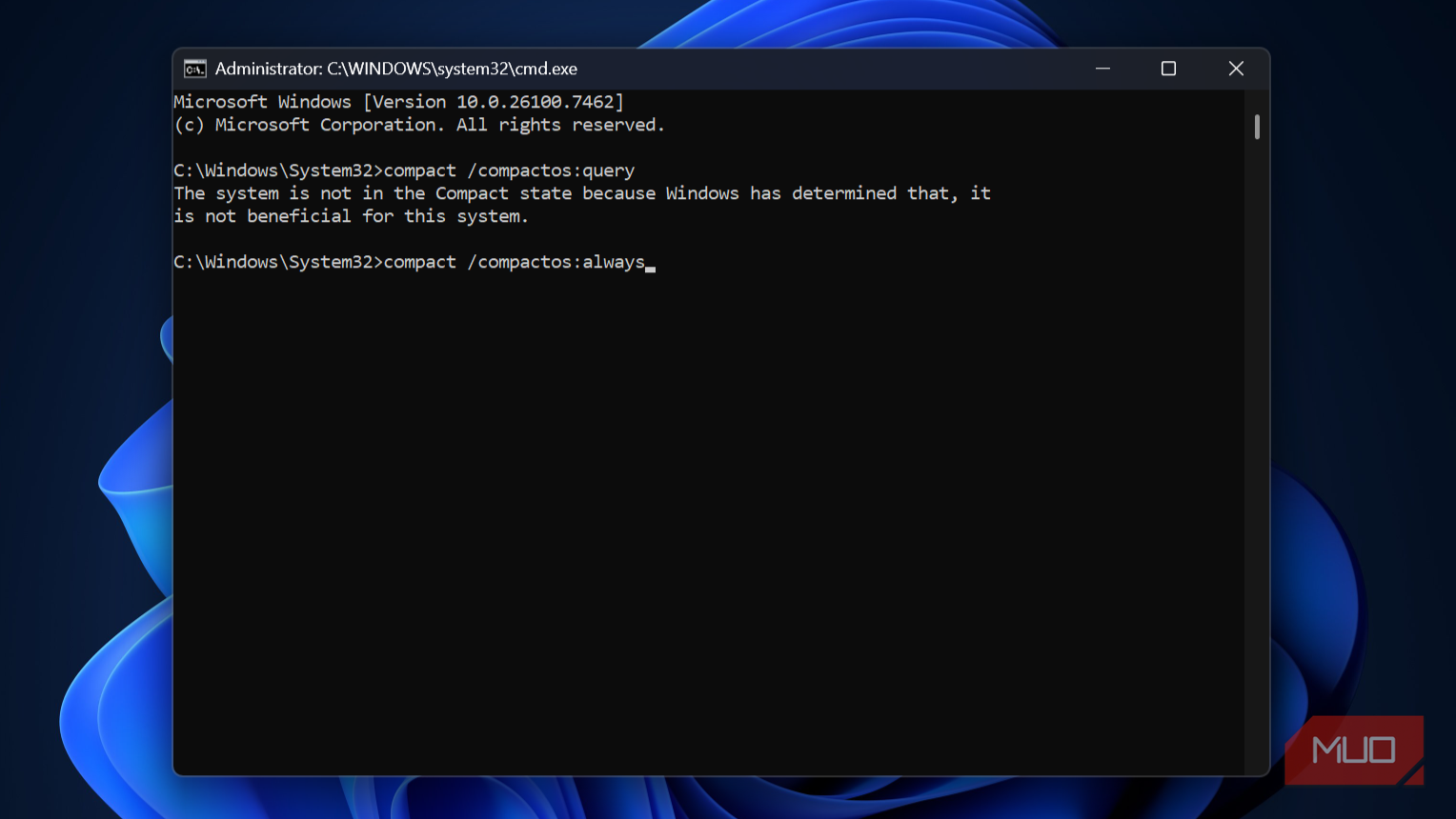 Windows command prompt with compactos command set to always.
