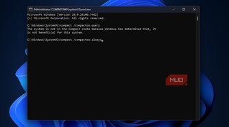 Windows command prompt with compactos command set to always.