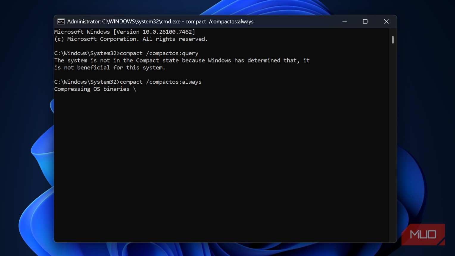 Windows command prompt with compactos command showing compressing OS binaries process.
