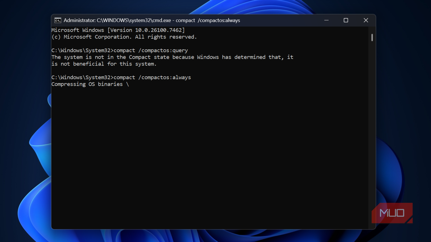 Windows command prompt with compactos command showing compressing OS binaries process.