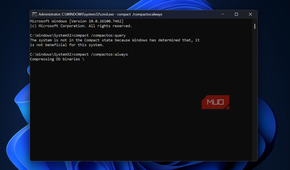 Windows command prompt with compactos command showing compressing OS binaries process.