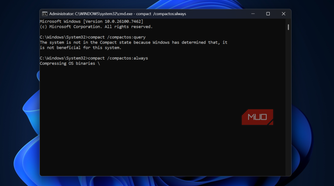 Windows command prompt with compactos command showing compressing OS binaries process.