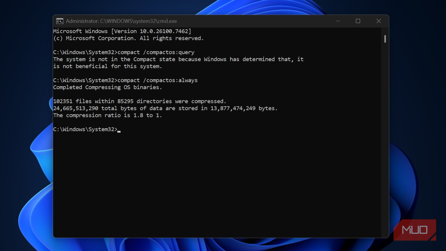 Windows command prompt with compactos command showing compression stats.