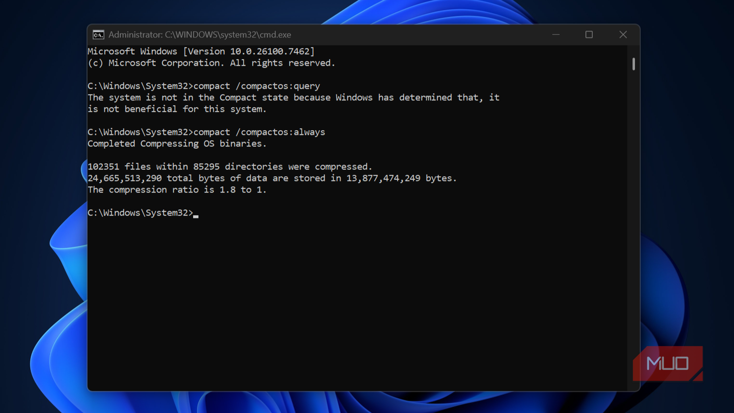 Windows command prompt with compactos command showing compression stats.