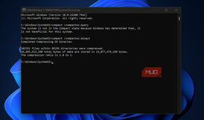 Windows command prompt with compactos command showing compression stats.